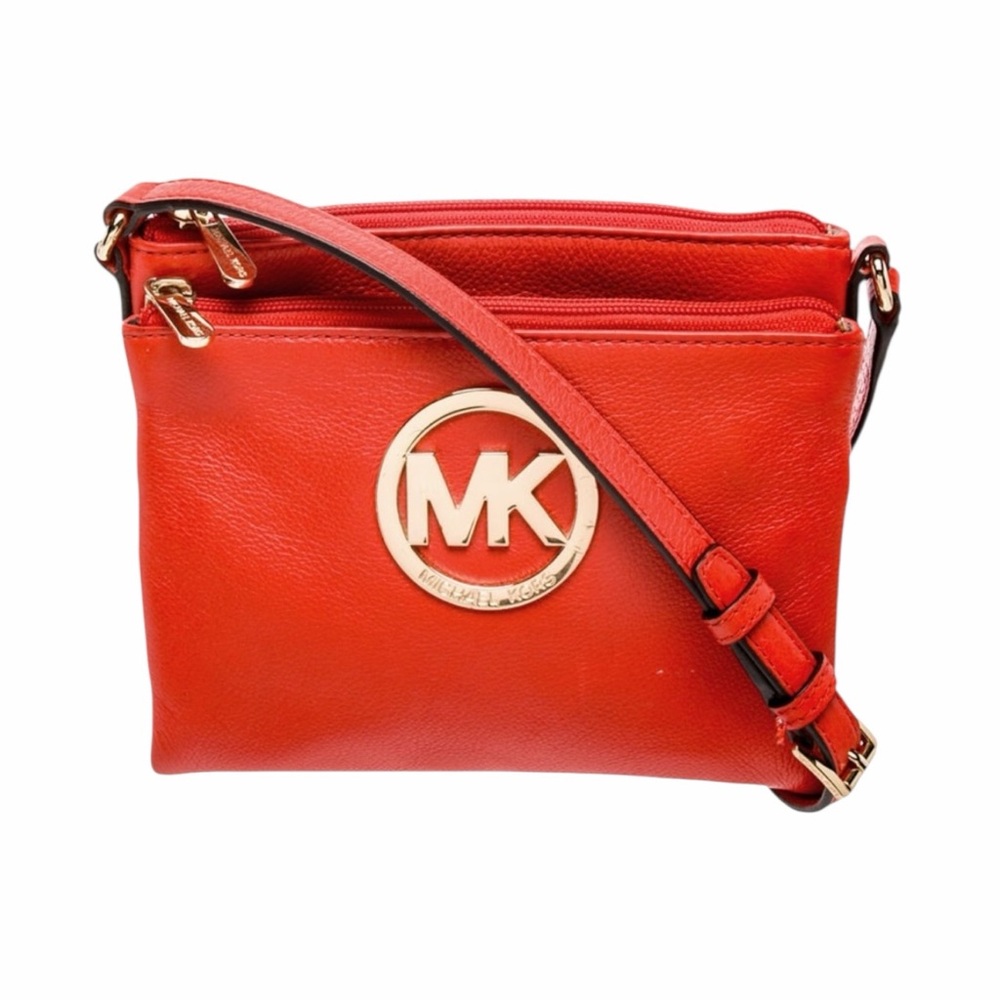Michael Kors Fulton Gold Logo Leather Crossbody Bag Red Orange Genuine Leather